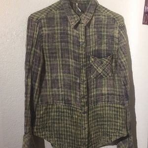 Free People Distressed Grunge Plaid Button Up